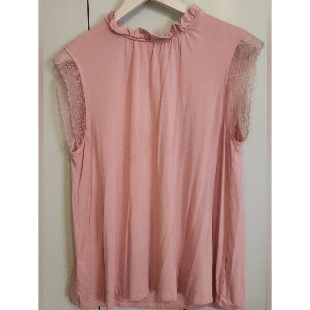 F93 Good Hart soft Peachy-Pink Lace Sleeve Ruffle Neck Blouse tie closure @ back